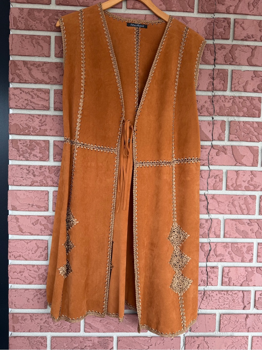 Mechant Suede Vest with Crochet Trim - Rust